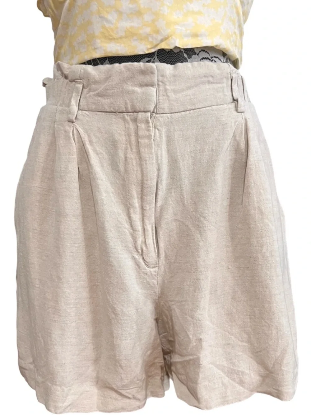 H&M Light Cream High-Waist Linen-Blend Shorts